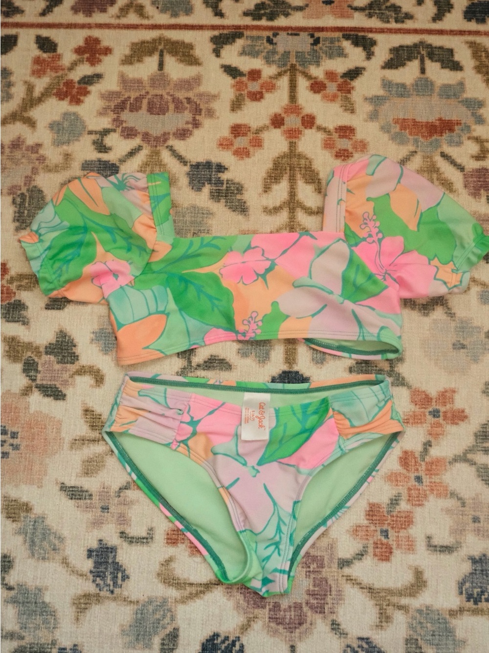 Cat & Jack Pastel Floral Puff-Sleeve Two-Piece Swimsuit - Green, Pink, Peach